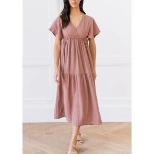 Cozy Earth Tan Boardwalk Breeze Gauze Lightweight Flutter Sleeve Dress Women's S